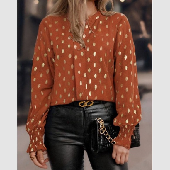 Luxe gold polka dots notched neck long sleeve blouse - Picture 8 of 8